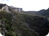 The upper reaches of our intended climb.We were planning to reach the upper ledge via the red dot. This was not possible as we were faced with a vertical rock wall, about 7 meters tall.