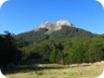 Having reached the plateau. The view of the summit pyramid is partly obscured by forest.